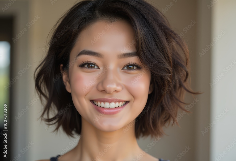 Smiling woman with short hair, bright expression, soft focus background. Smiling woman with short hair, bright expression, soft focus background.