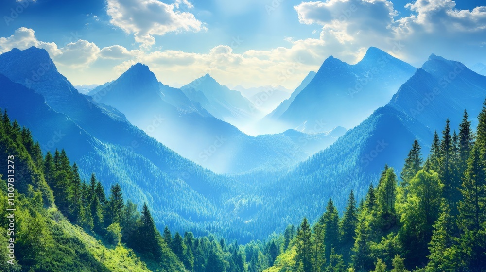 Obraz premium Majestic Mountains and Lush Coniferous Forests, a stunning landscape featuring towering peaks beneath a vibrant blue sky, embodying the splendor of the great outdoors.