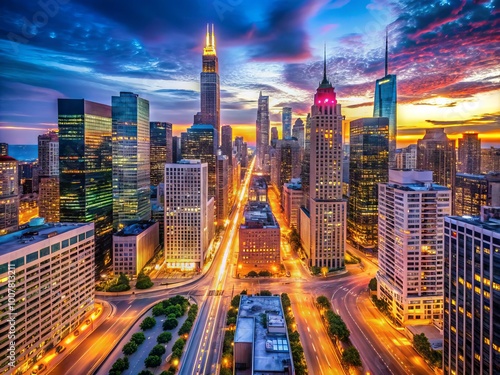 Wallpaper Mural Vibrant cityscape of Chicago's bustling streets, featuring iconic skyscrapers, bright city lights, and busy traffic Torontodigital.ca