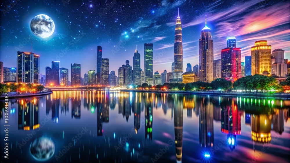 Fototapeta premium Vibrant city skyline glows with neon lights and bustling energy, reflected in tranquil river waters, under a starry