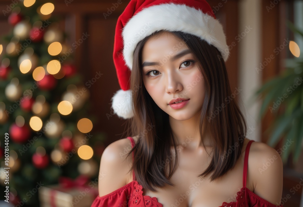 Young woman in festive attire, red dress, and Santa hat, smiling near Christmas tree. Young woman in festive attire, red dress, and Santa hat, smiling near Christmas tree.