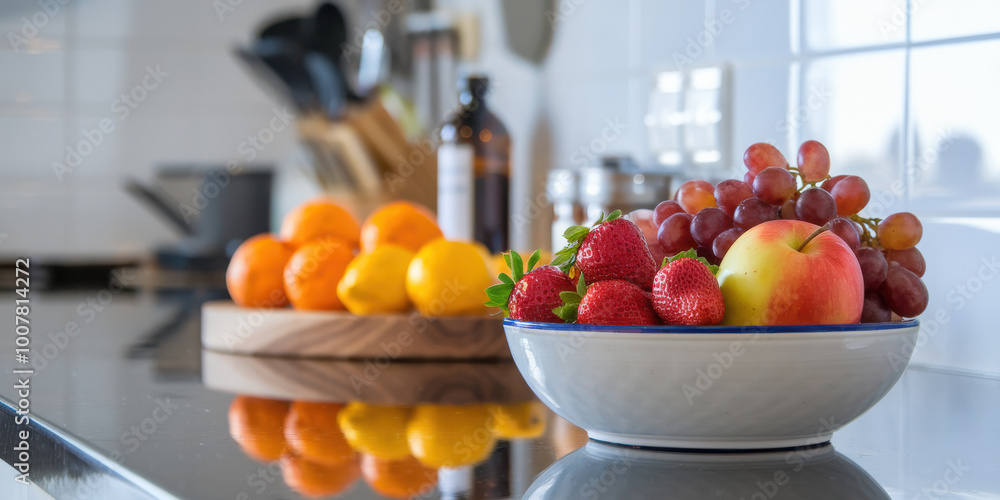 Fresh fruits beautifully arranged in a modern kitchen setting, showcasing a vibrant and healthy lifestyle. Fresh fruits beautifully arranged in a modern kitchen setting, showcasing a vibrant and healthy lifestyle.