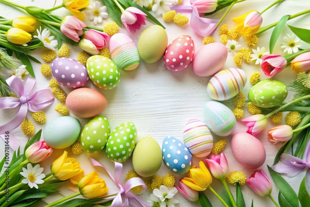 Vibrant colorful Easter eggs and spring flowers arranged around a decorative border, surrounded by pastel ribbons and Vibrant colorful Easter eggs and spring flowers arranged around a decorative border, surrounded by pastel ribbons and