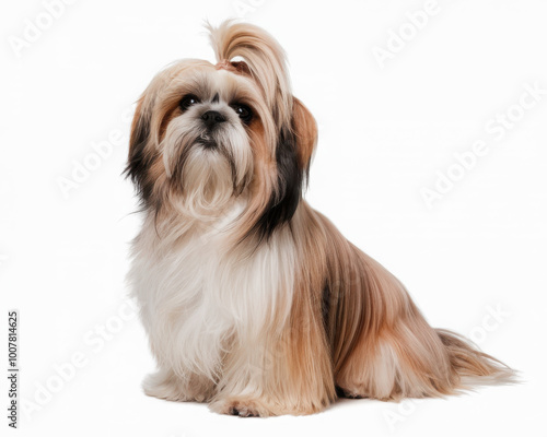 Adorable Shih Tzu sitting on a white background with a playful expression.