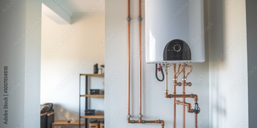 Modern water heater with copper piping in a contemporary home setting. Modern water heater with copper piping in a contemporary home setting.