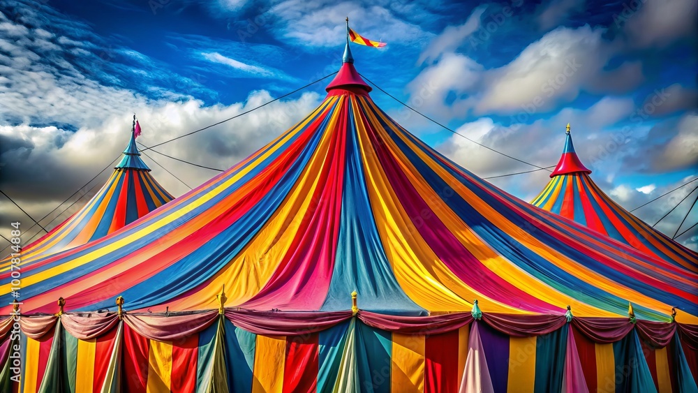 Vibrant colorful striped fabric draped over a grand circus tent, with subtle texture and intricate pattern details, Vibrant colorful striped fabric draped over a grand circus tent, with subtle texture and intricate pattern details,