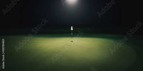 Illuminated golf green with flag under night sky, creating a serene and focused atmosphere.
