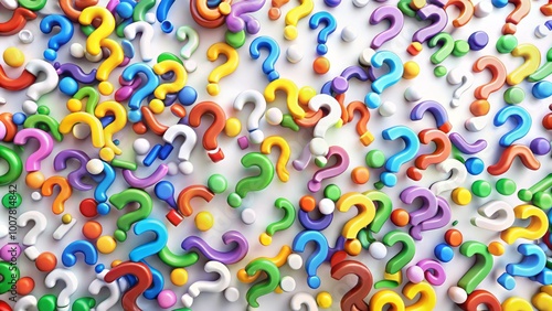 Vibrant colorful question marks scattered chaotically around a white background, conveying confusion, curiosity, and photo