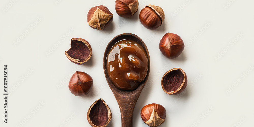 Delicious chestnut spread in a wooden spoon surrounded by fresh chestnuts on a white surface. Delicious chestnut spread in a wooden spoon surrounded by fresh chestnuts on a white surface.