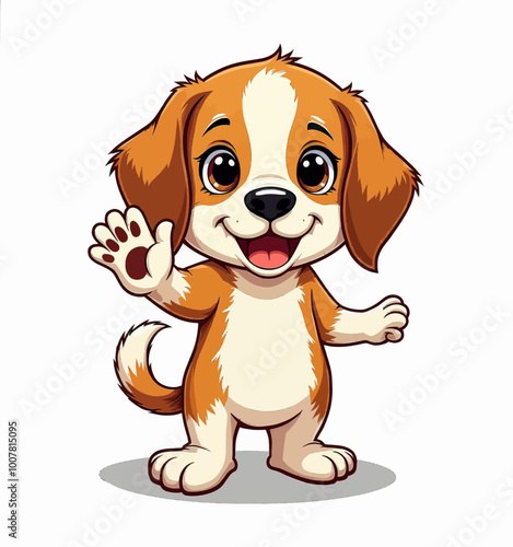 Cartoon Puppy Waving Hand, Standing on Gray Floor