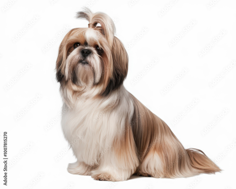 Adorable Shih Tzu with flowing fur and a charming topknot posing elegantly on a white background.