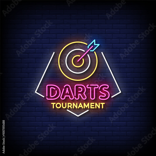 darts tournament neon sign vector with brick wall background 