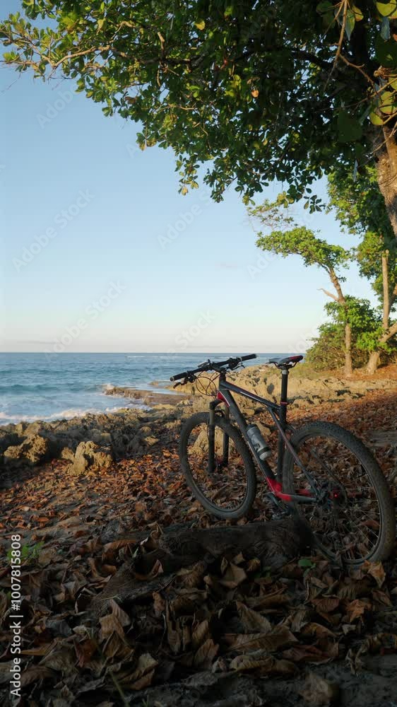 Mountain bike resting on rocky shoreline near the ocean at sunset in a tropical location. Mountain bike resting on rocky shoreline near the ocean at sunset in a tropical location.
