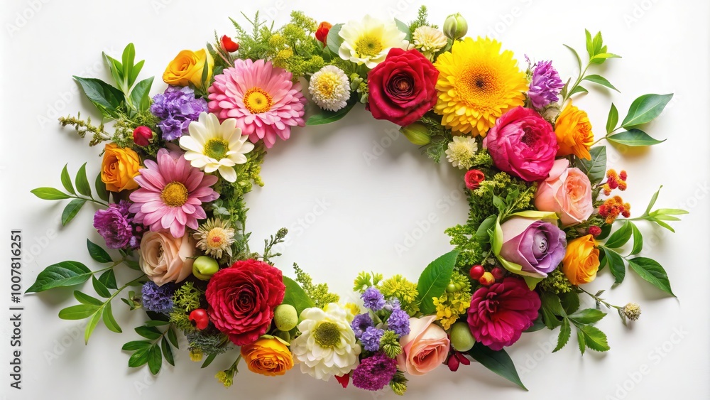 Vibrant floral arrangement within a circular frame, featuring a mix of colorful blooms and lush greenery, set against Vibrant floral arrangement within a circular frame, featuring a mix of colorful blooms and lush greenery, set against