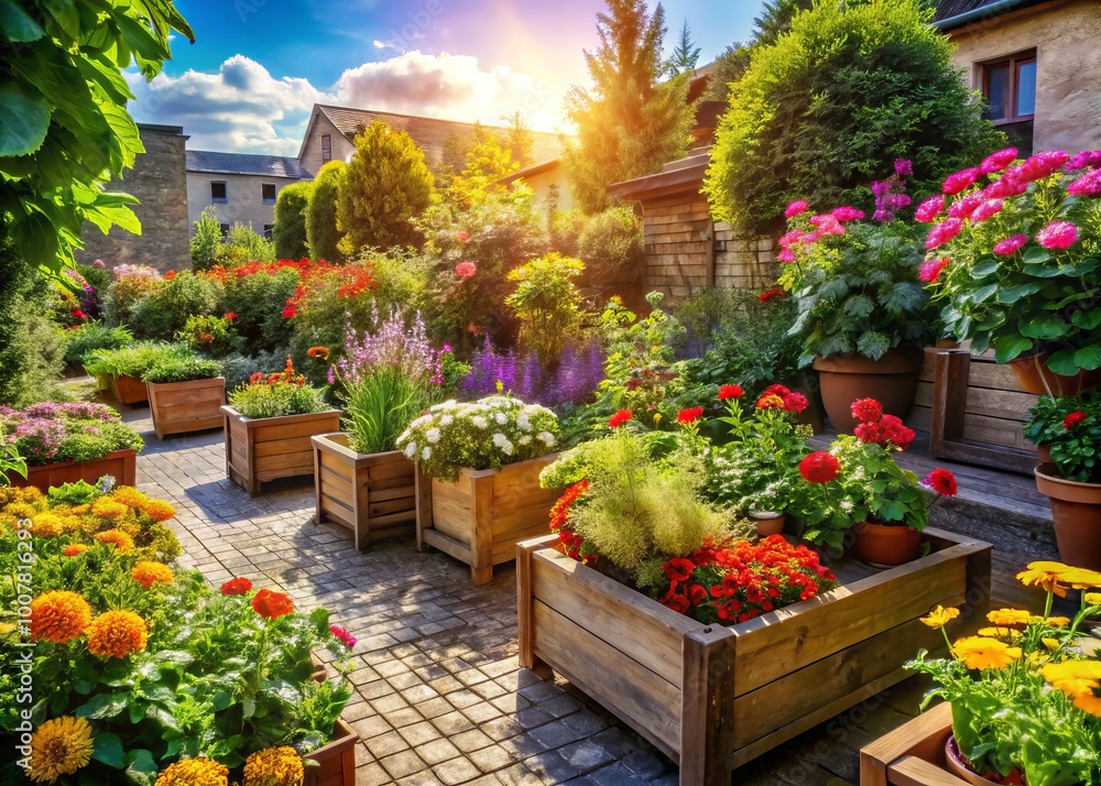 Naklejka premium Vibrant flowers, lush greenery, and rustic wooden planters thrive in a sun-drenched communal garden, fostering a sense