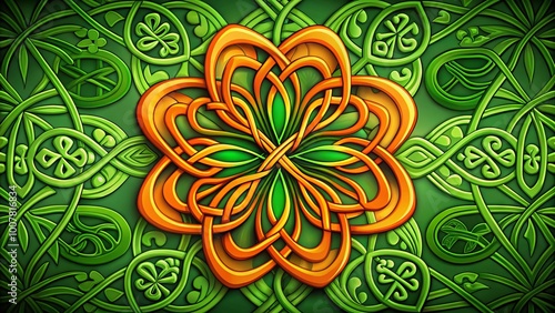 Vibrant green and orange flyer featuring a four-leaf clover, Celtic knotwork, and festive font, perfect for promoting photo