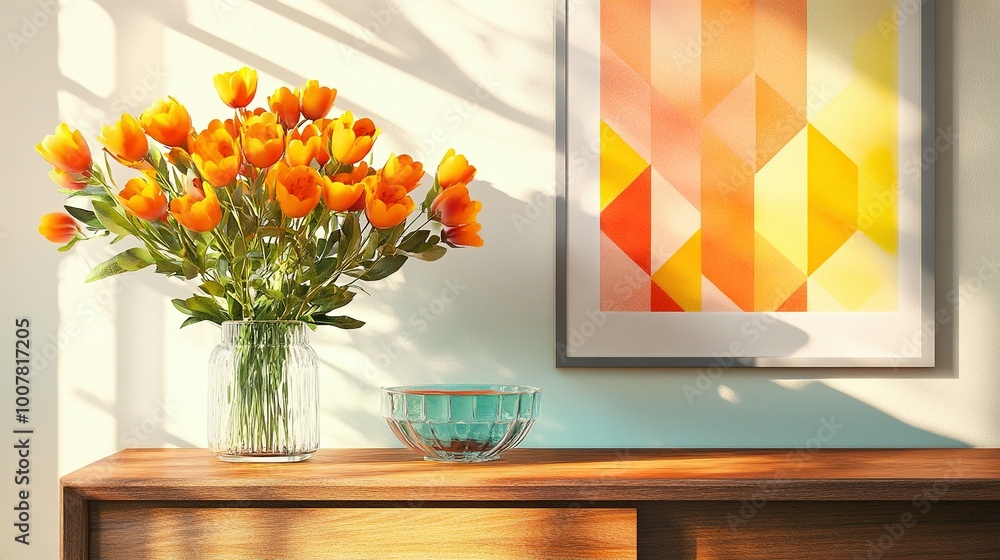 Mock Up of a Cheerful Modern Space: Fresh Blooms in Bright Orange and Yellow on a Wooden Sideboard with Geometric Decor and Retro Glass Dish Mock Up of a Cheerful Modern Space: Fresh Blooms in Bright Orange and Yellow on a Wooden Sideboard with Geometric Decor and Retro Glass Dish
