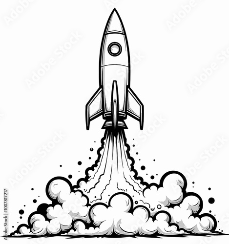 Black and White Rocket Launch Illustration