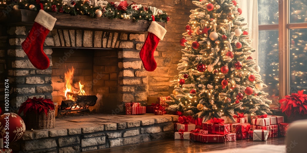 Fireplace with christmas tree and decorations Fireplace with christmas tree and decorations