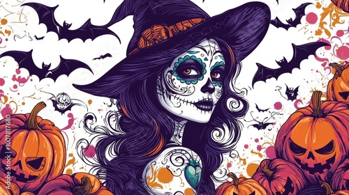 colorful pin up girl with half her face in sugar skull makeup wearing withch hat surrounded by pumpkins and bats in clip art style haloween themed background on white background vibrant color scheme photo