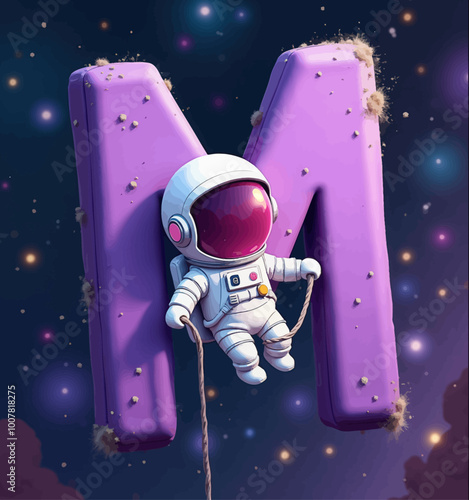 Astronaut Climbing Giant Purple Letter M in Space