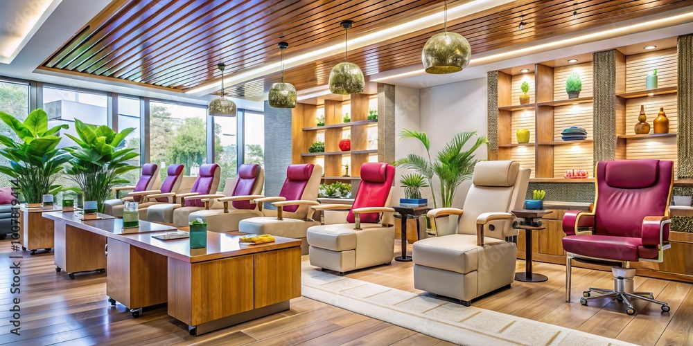 Vibrant nail salon interior with sleek chairs, modern decor, and Asian-inspired accents, ready for a relaxing pampering Vibrant nail salon interior with sleek chairs, modern decor, and Asian-inspired accents, ready for a relaxing pampering