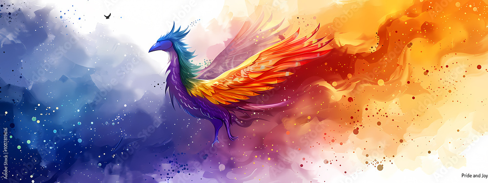 Obraz premium A vibrant phoenix with rainbow feathers rises from a colorful burst of flames, symbolizing rebirth and resilience in an abstract design.