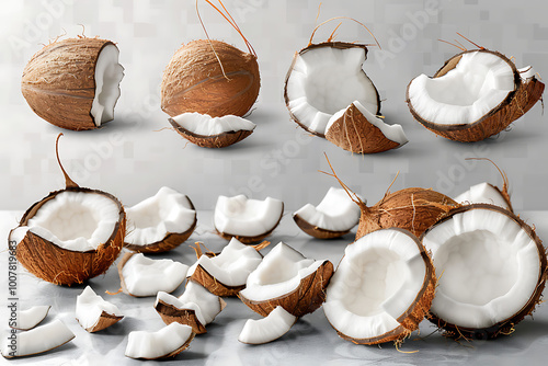 Tropical coconuts scattered white background overhead shot A captivating image of coconuts, some whole and some broken, set against a bright blue background, showcasing their textures .