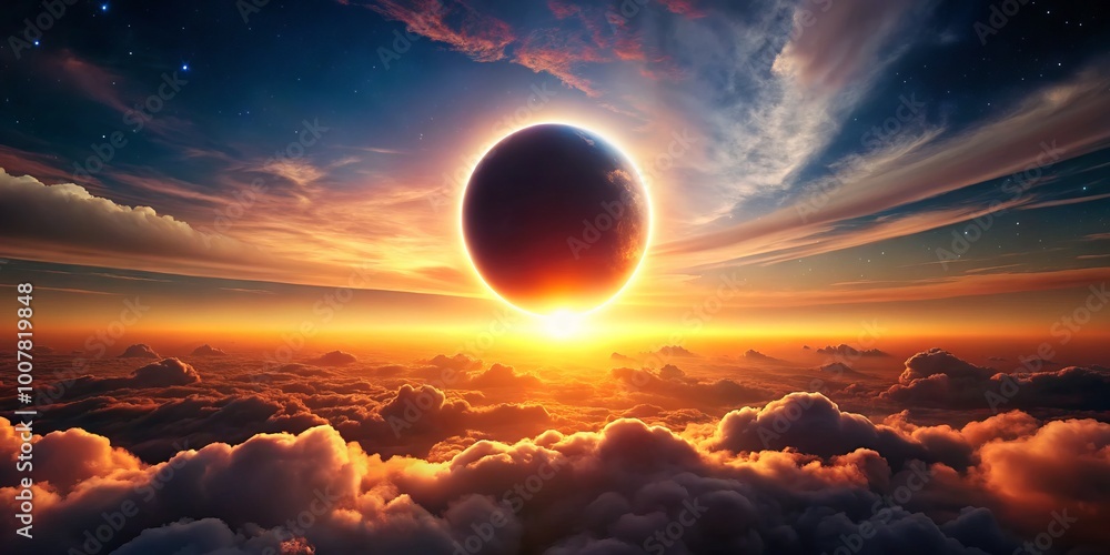 Fototapeta premium Vibrant orange and pink hues illuminate the sky as the moon slowly moves in front of the sun,
