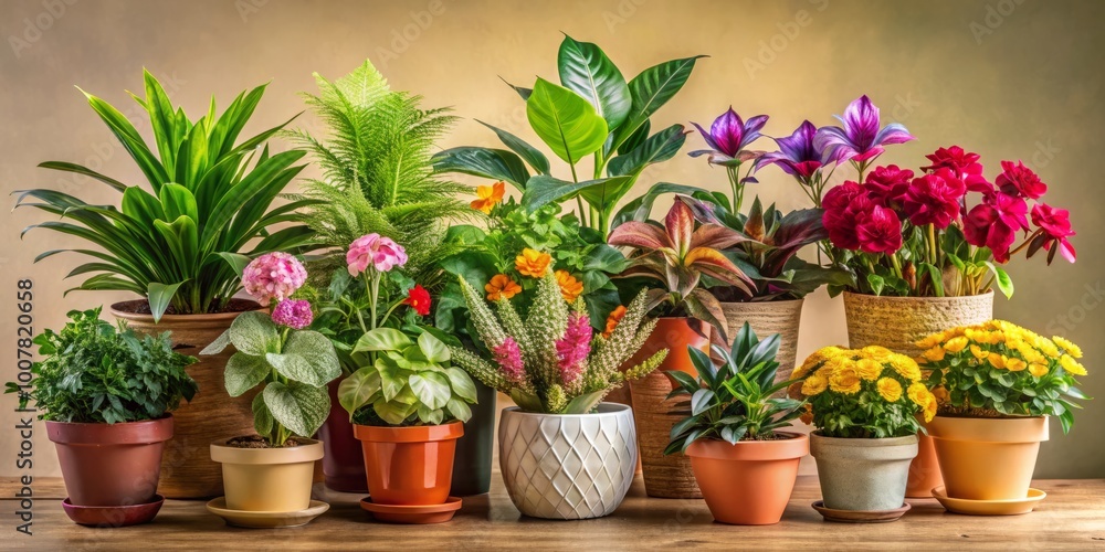 Vibrant potted plants with varied leaf shapes and sizes, bursting with colorful blooms, create a lively and eclectic Vibrant potted plants with varied leaf shapes and sizes, bursting with colorful blooms, create a lively and eclectic