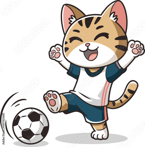 Cute cat cartoon playing football on white background