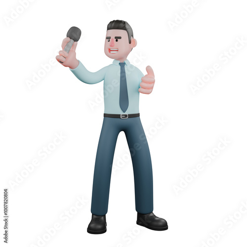 3D Economic Financial Analyst Male. A male financial analyst is standing while looking at the mic in his right hand while his left hand is bent forward. Professional Illustration