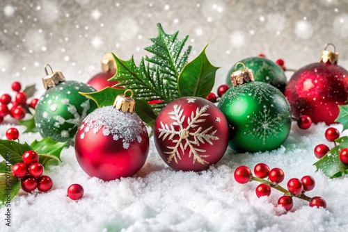 Vibrant red and green ornaments, sparkling snowflakes, and festive holly leaves adorn a snowy white background, evoking