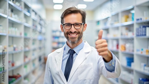 In a vibrant pharmacy, a cheerful healthcare professional gives a thumbs up, embodying optimism and commitment,