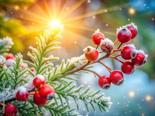 Vibrant red berries and snowflakes adorn a frosty evergreen branch, illuminated by soft winter sunlight, evoking a photo