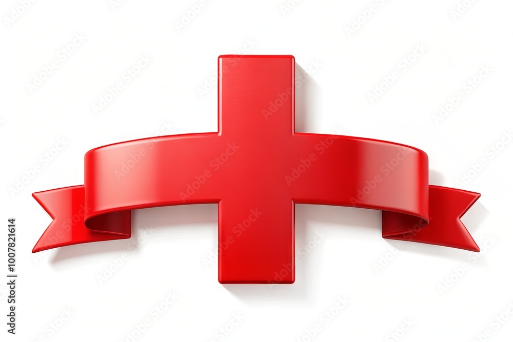 Obraz premium Vibrant red plus sign on a white background, surrounded by a curved banner with a subtle shadow, perfect