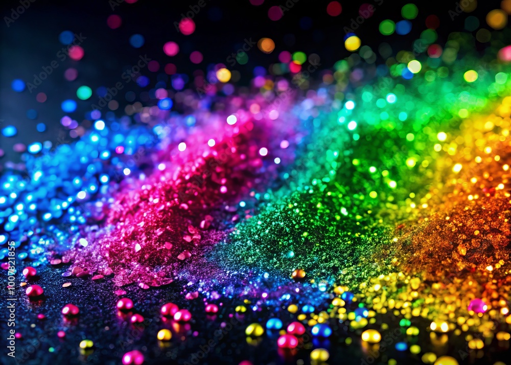 Vibrant, shimmering glitter particles in a variety of bright colors including pink, blue, yellow, green, and purple, Vibrant, shimmering glitter particles in a variety of bright colors including pink, blue, yellow, green, and purple,