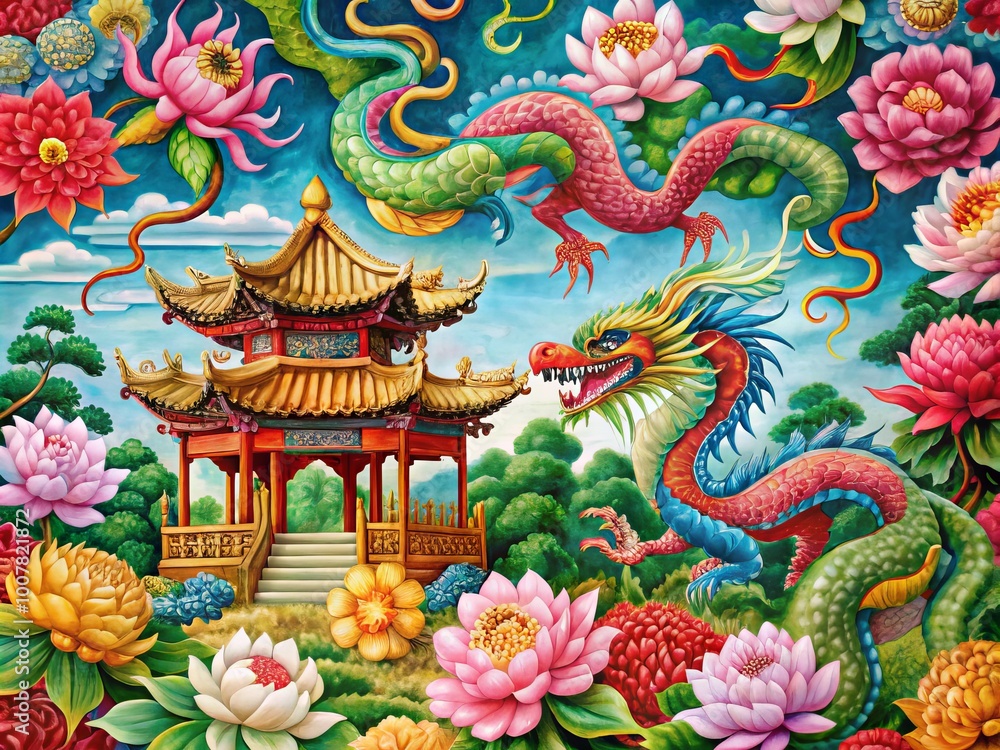 Obraz premium Vibrant silk artwork featuring majestic dragons, blooming peonies, and intricately designed pavilions, blending