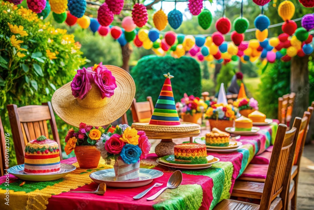 Fototapeta premium Vibrant sombreros, colorful piñatas, and festive table settings capture the lively spirit of a traditional Mexican