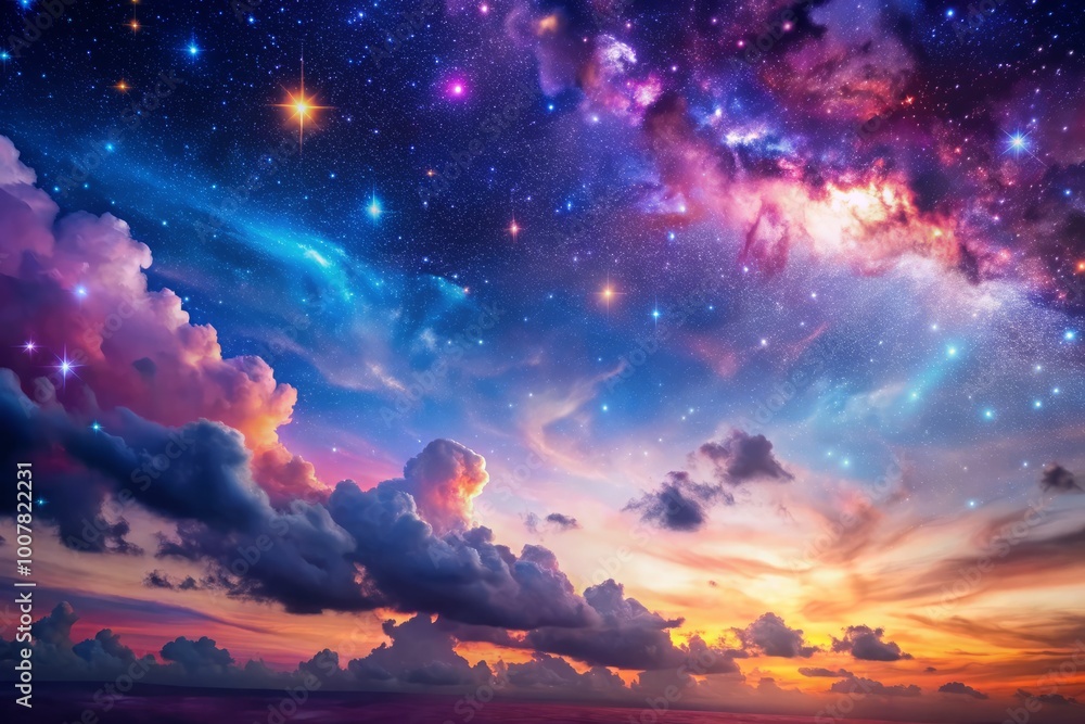 Vibrant starry night sky with shades of pink, blue, and purple, twinkling stars, and soft, swirling clouds on Vibrant starry night sky with shades of pink, blue, and purple, twinkling stars, and soft, swirling clouds on