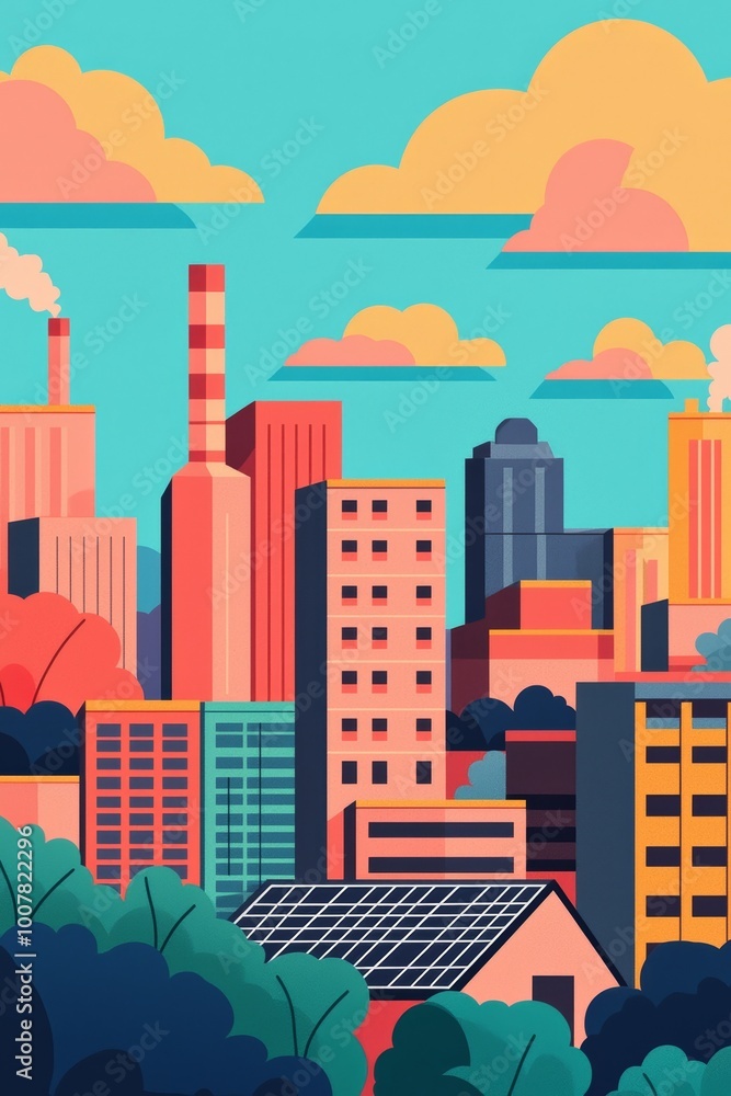 Modern Ecosystem with Factories and Trees Illustration Modern Ecosystem with Factories and Trees Illustration