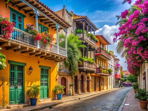 Vibrant street scene in Cartagena's old town, Colombia, featuring colorful colonial architecture, ornate balconies, and