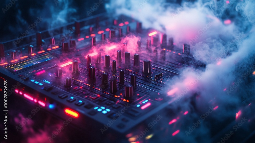 Closeup of a music mixer with colorful lights and smoke. Closeup of a music mixer with colorful lights and smoke.
