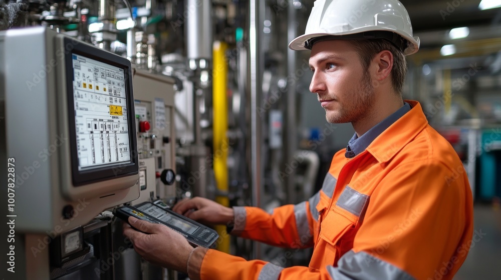Industrial Worker Monitoring Production Data on Control Panel Industrial Worker Monitoring Production Data on Control Panel