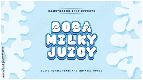 Boba Milky Juicy: Bold, playful text effect with a fresh blue theme. Doodle-style letters perfect for posters, magazines, food shops, and snacks. Ideal for designs appealing to kids and teens.