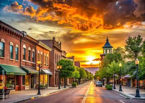 Vibrant sunset casts a warm glow over the historic downtown area of Longmont, Colorado, with charming brick buildings