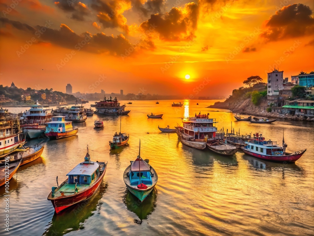Fototapeta premium Vibrant sunset over bustling waterfront of Chittagong, Bangladesh, with colorful boats and ships docked along the