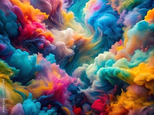 Vibrant, swirling clouds of abstract color blobs suspended in mid-air, overlapping and blending in a mesmerizing dance