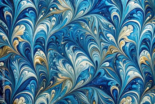 Vibrant, swirling patterns of blue and white marbled paper, created through traditional Turkish ebru technique, glisten