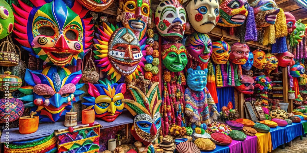 Obraz premium Vibrant textiles, festive piñatas, and intricately carved wooden masks adorn a lively Mexican market, bursting with